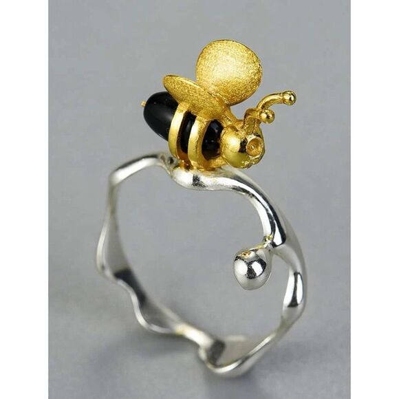 925 Sterling Silver & 18K Gold Plated Honey Drip Bumblebee Ring Size 9 - Picture 2 of 7